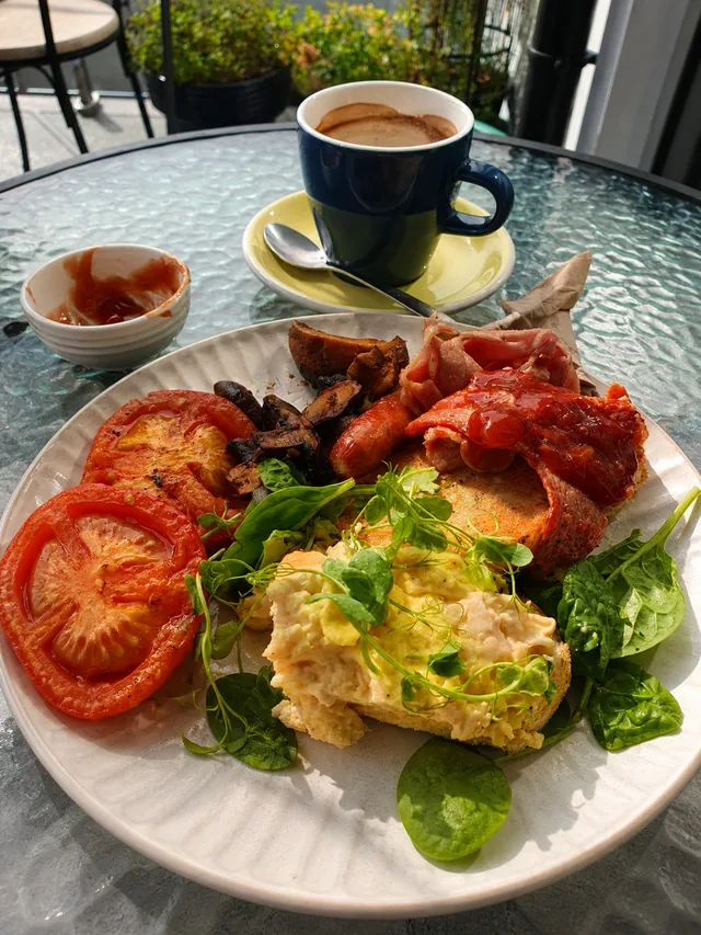 A breakfast plate and coffee at Silos Cafe