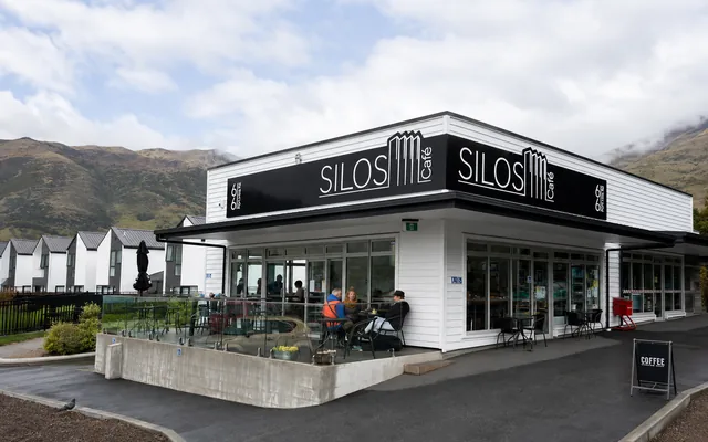 The Silos Cafe building and outdoor tables at 66 Port Hills Road
